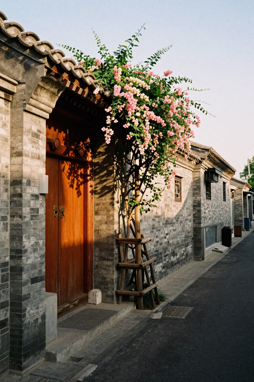 Beijing Hutong Alleyway Honeyed Evening Light with Traditional Trellis and Urban Life in in Beijing, China