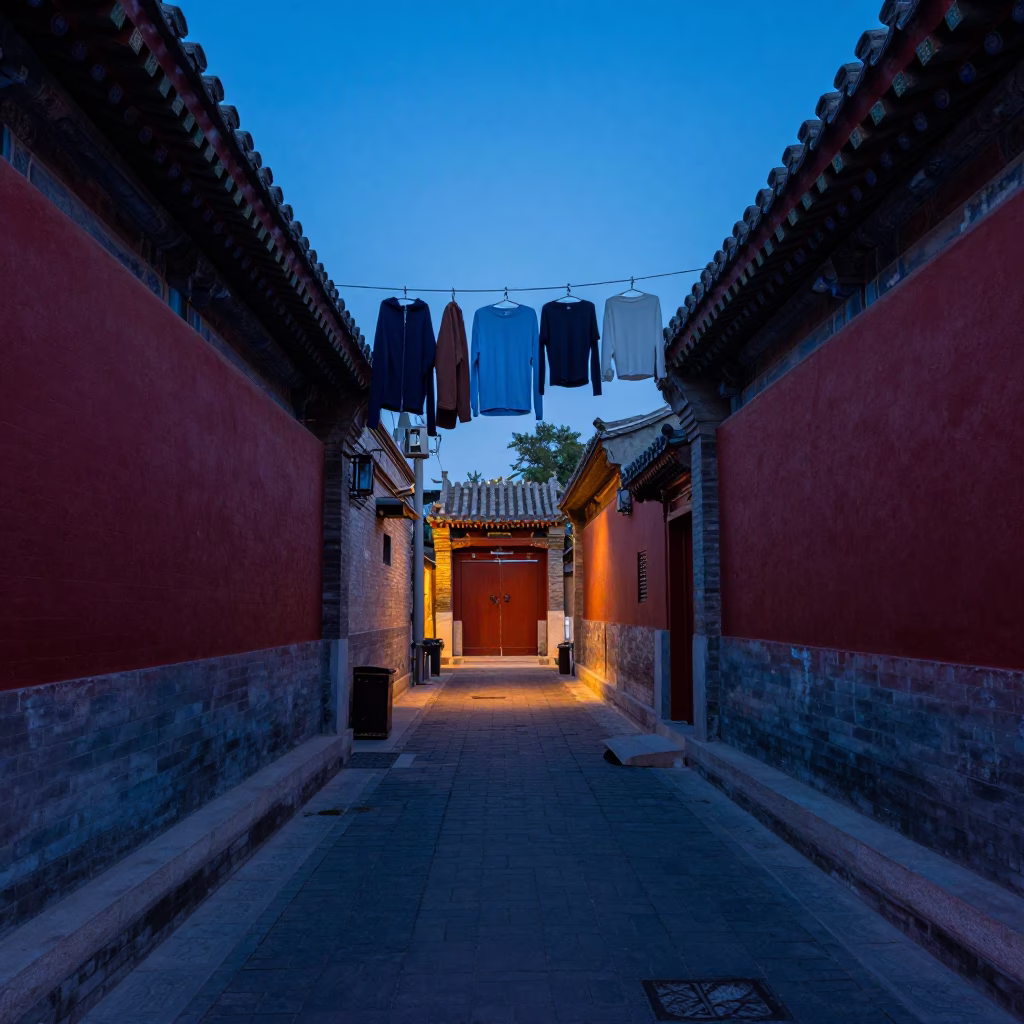 Beijing Hutong Alleyway Indigo Twilight with Hanging Laundry and Brick Architecture in in Beijing, China