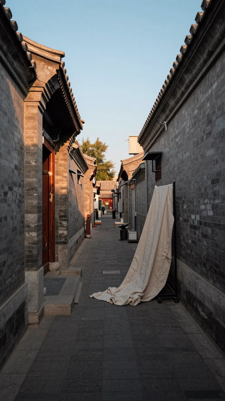 Beijing Hutong Alleyway Late Afternoon Light with Linen Cloth and Traditional Architecture in in Beijing, China