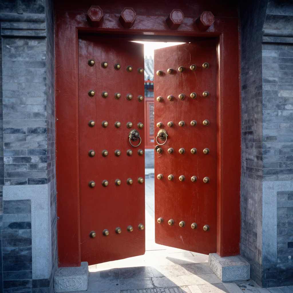 Beijing Hutong Alleyway Morning Light and Traditional Door Hardware Details in in Beijing, China