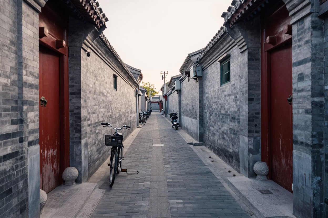 Beijing Hutong Alleyway Morning Light with Bicycle and Brick Architecture in in Beijing, China