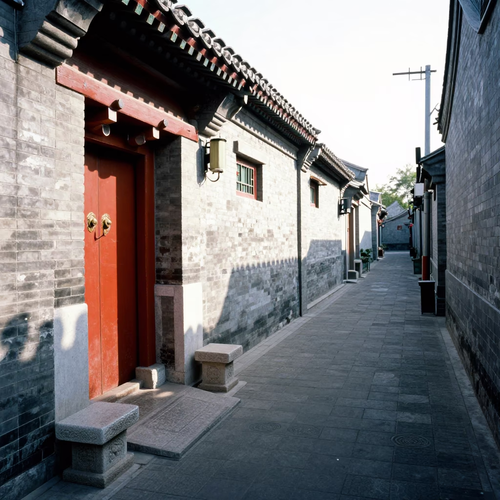 Beijing Hutong Alleyway Morning Light with Water Rings on Stone Bench in in Beijing, China