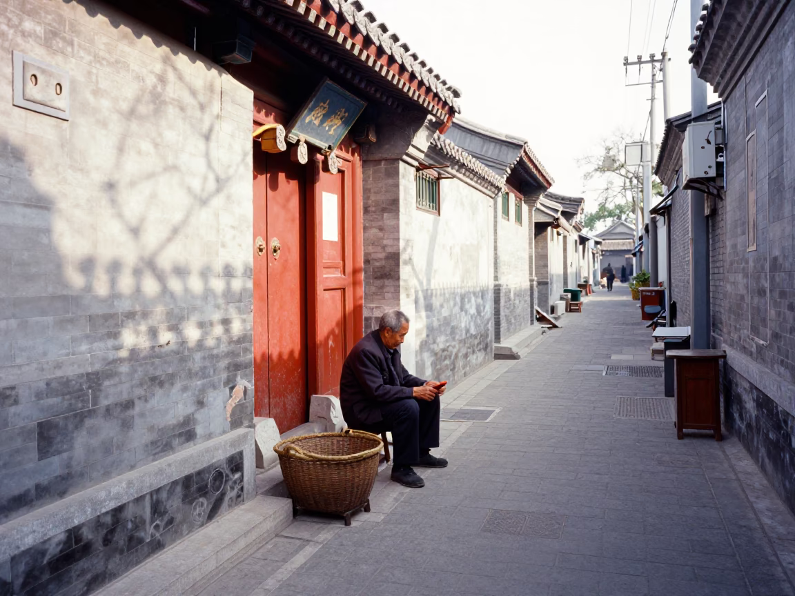 Beijing Hutong Alleyway Morning Light with Woven Basket and Stone Path in in Beijing, China