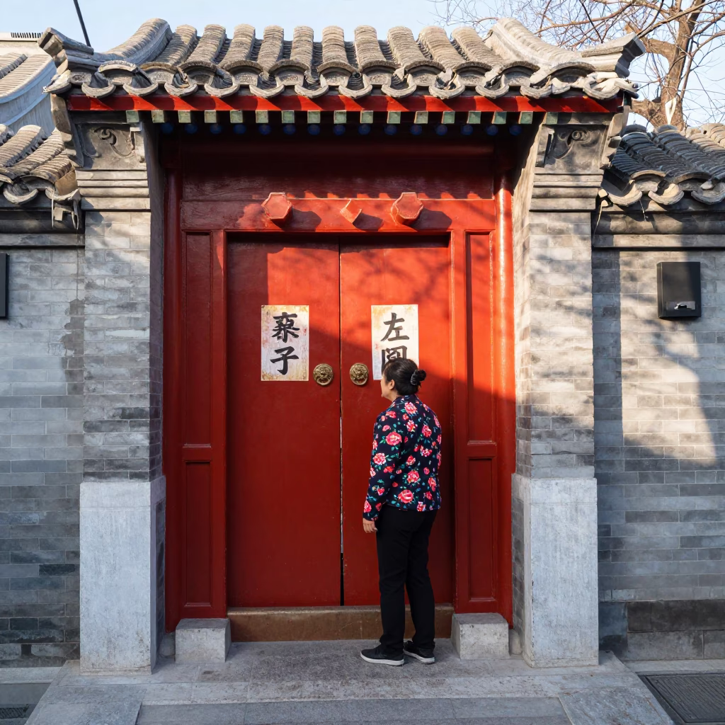 Beijing Hutong Alleyway Morning Scene with Red Door and Local Daily Life in in Beijing, China