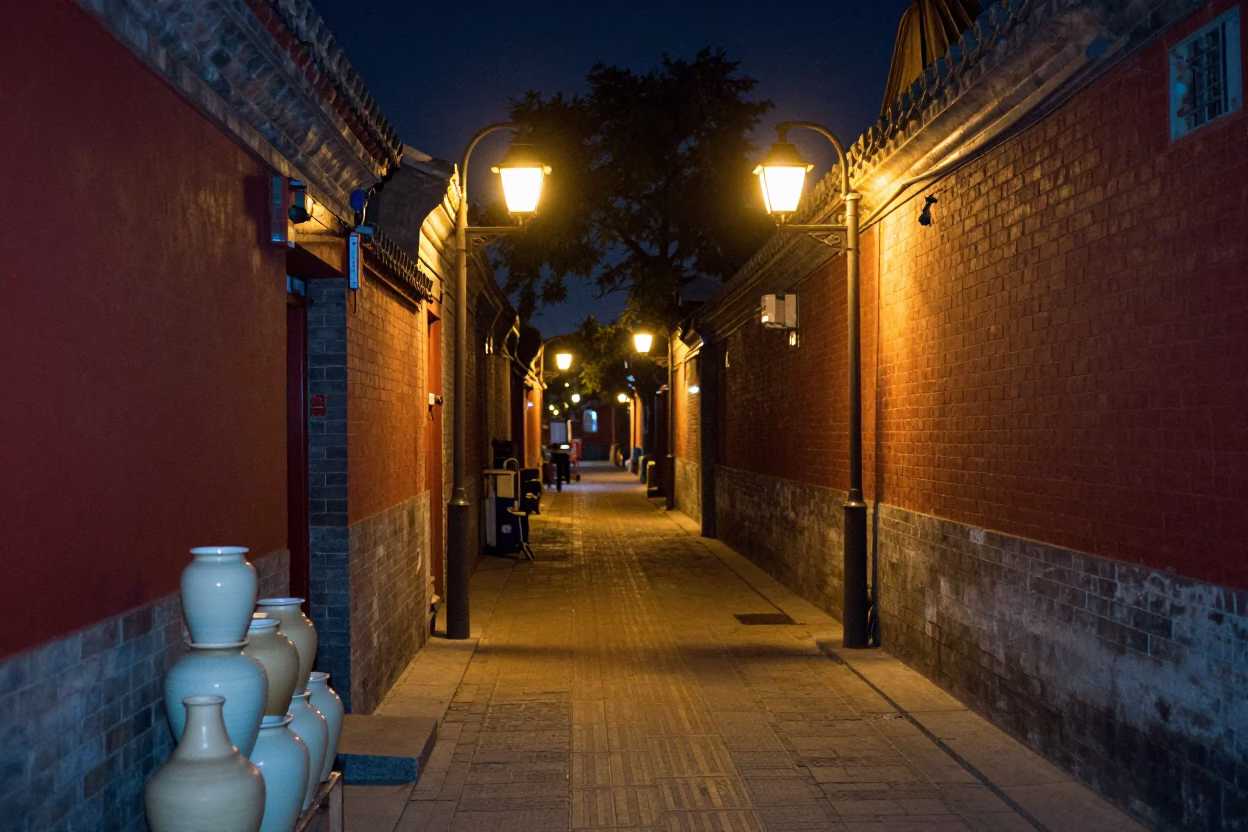 Beijing Hutong Alleyway Night Scene with Stacked Pottery and Street Lamps 1970s in in Beijing, China