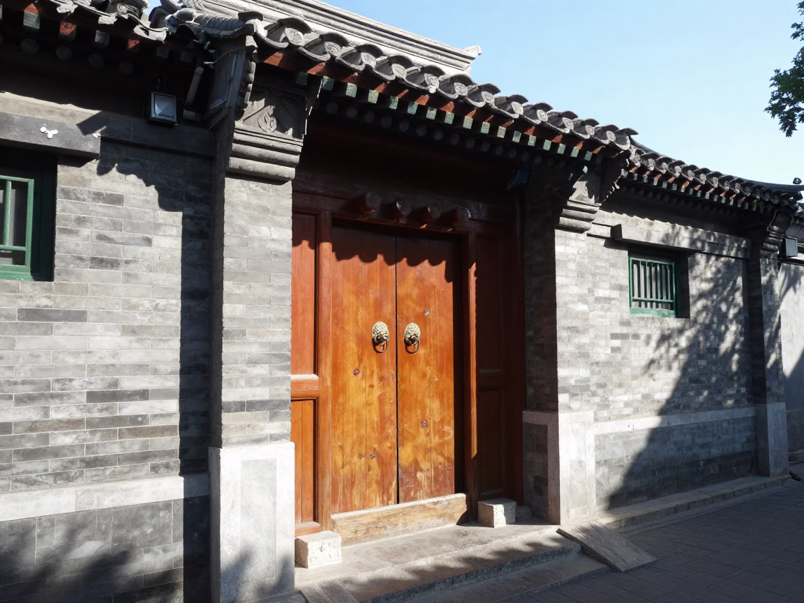 Beijing Hutong Alleyway Noon Light and Traditional Wooden Door Hardware Details in in Beijing, China