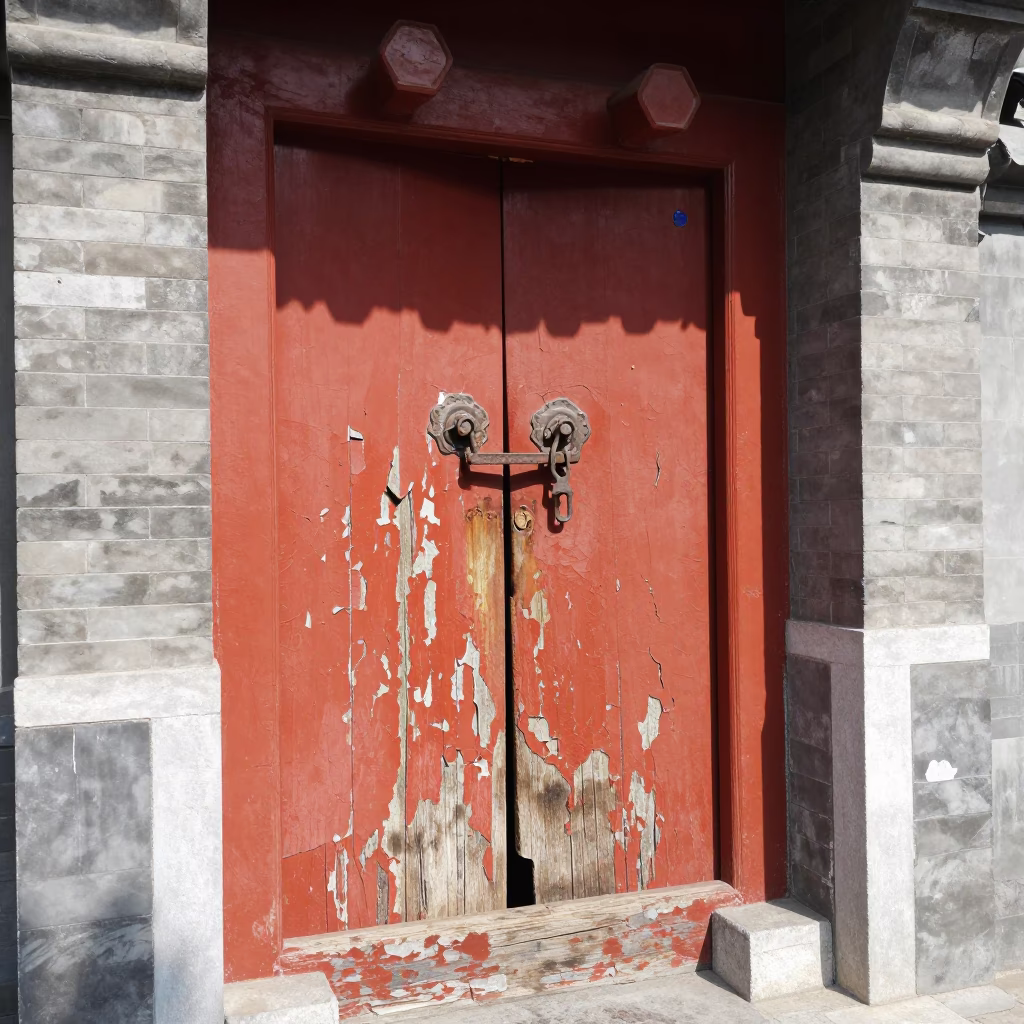 Beijing Hutong Alleyway Noon Light with Weathered Door and Street Details in in Beijing, China