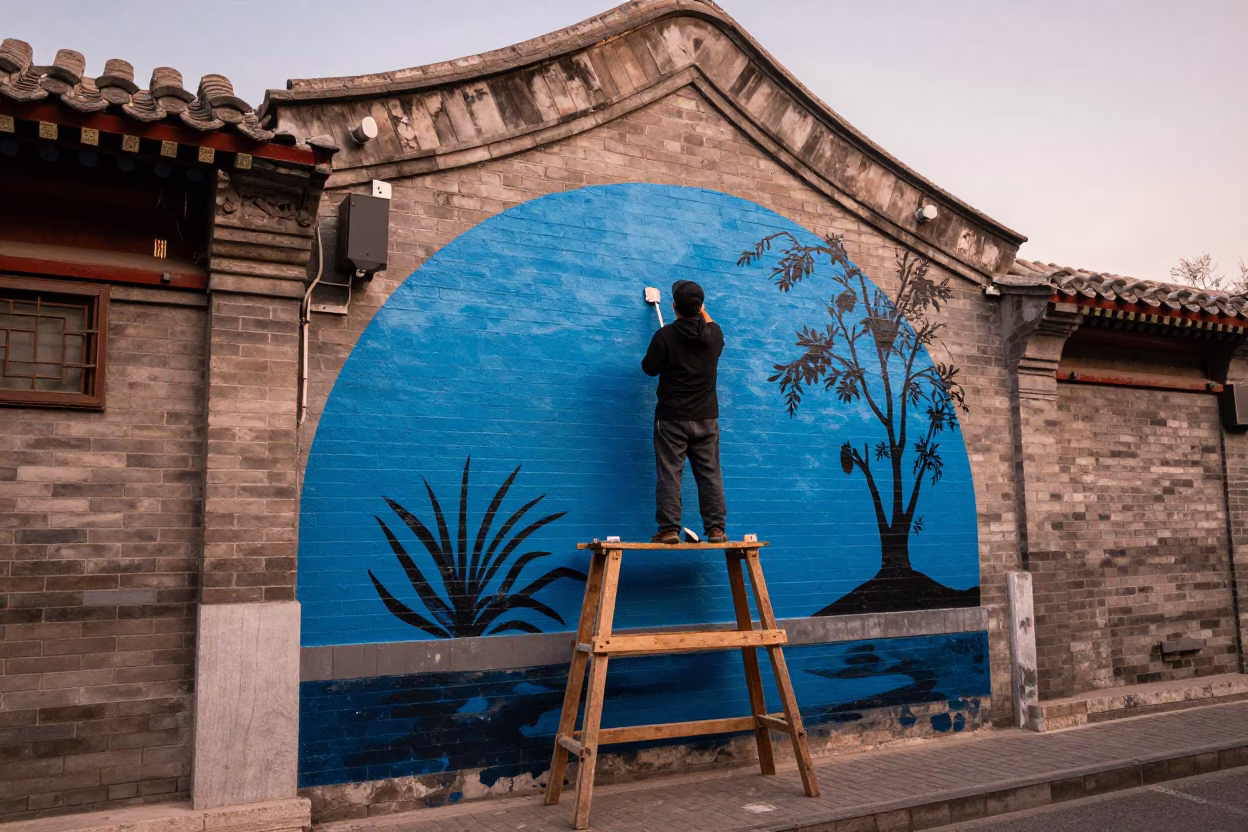 Beijing Hutong Alleyway Street Art Mural in Copper Toned Dusk Light in in Beijing, China