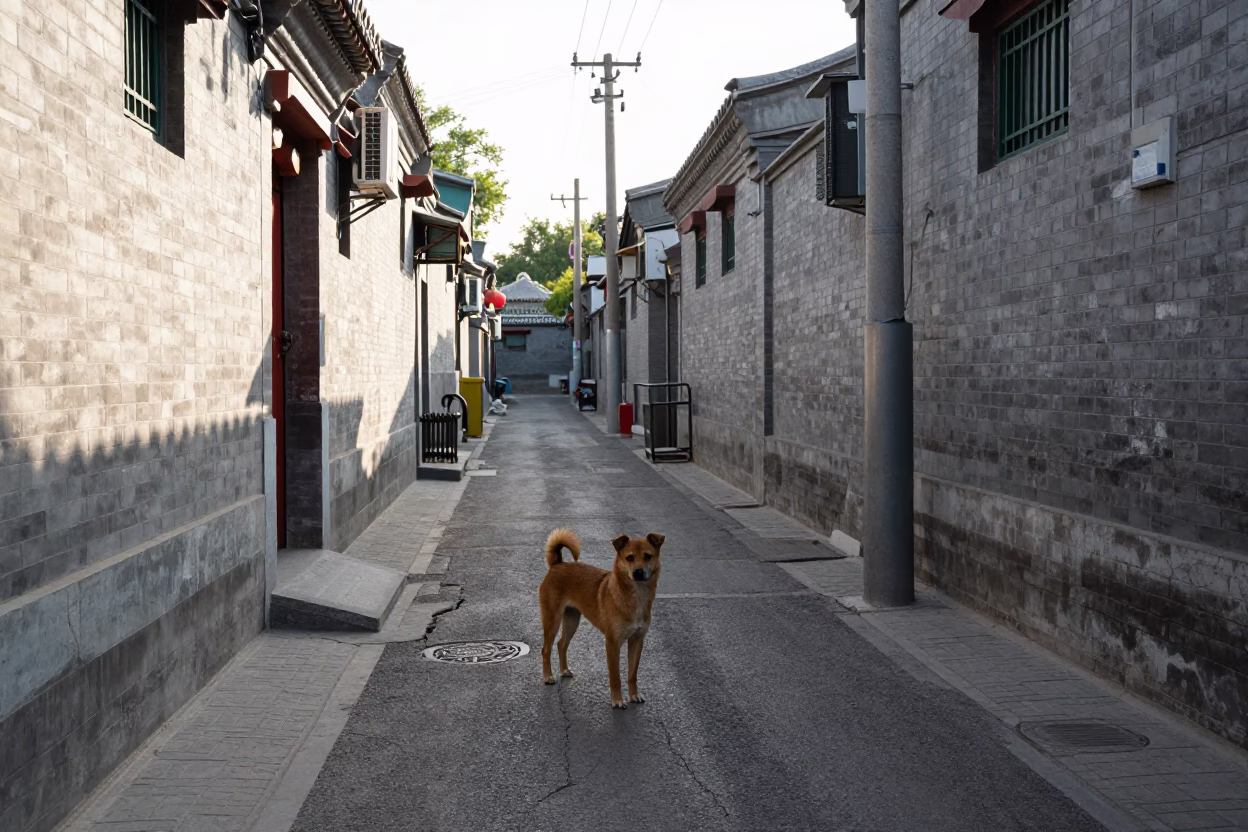 Beijing Hutong Alleyway Sunlight and Brown Dog in Early Afternoon in in Beijing, China