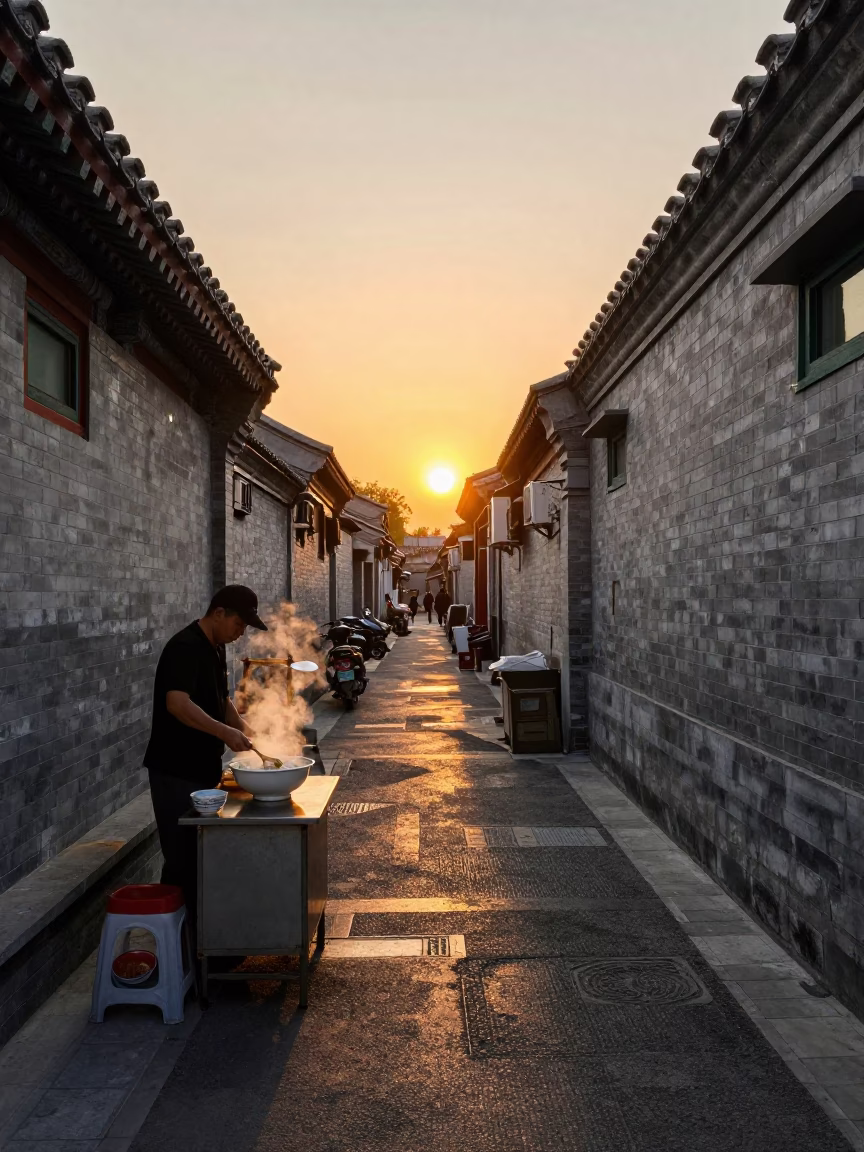 Beijing Hutong Alleyway Sunset with Wonton Soup and Glass Tumblers in in Beijing, China
