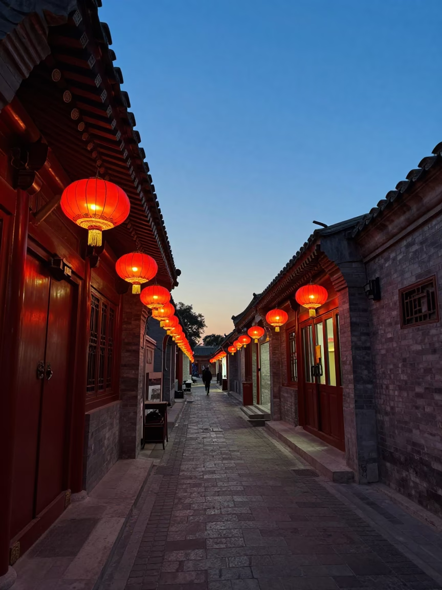 Beijing Hutong Alleyway Twilight Street Life with Traditional Lanterns and Bicycle Traffic in in Beijing, China