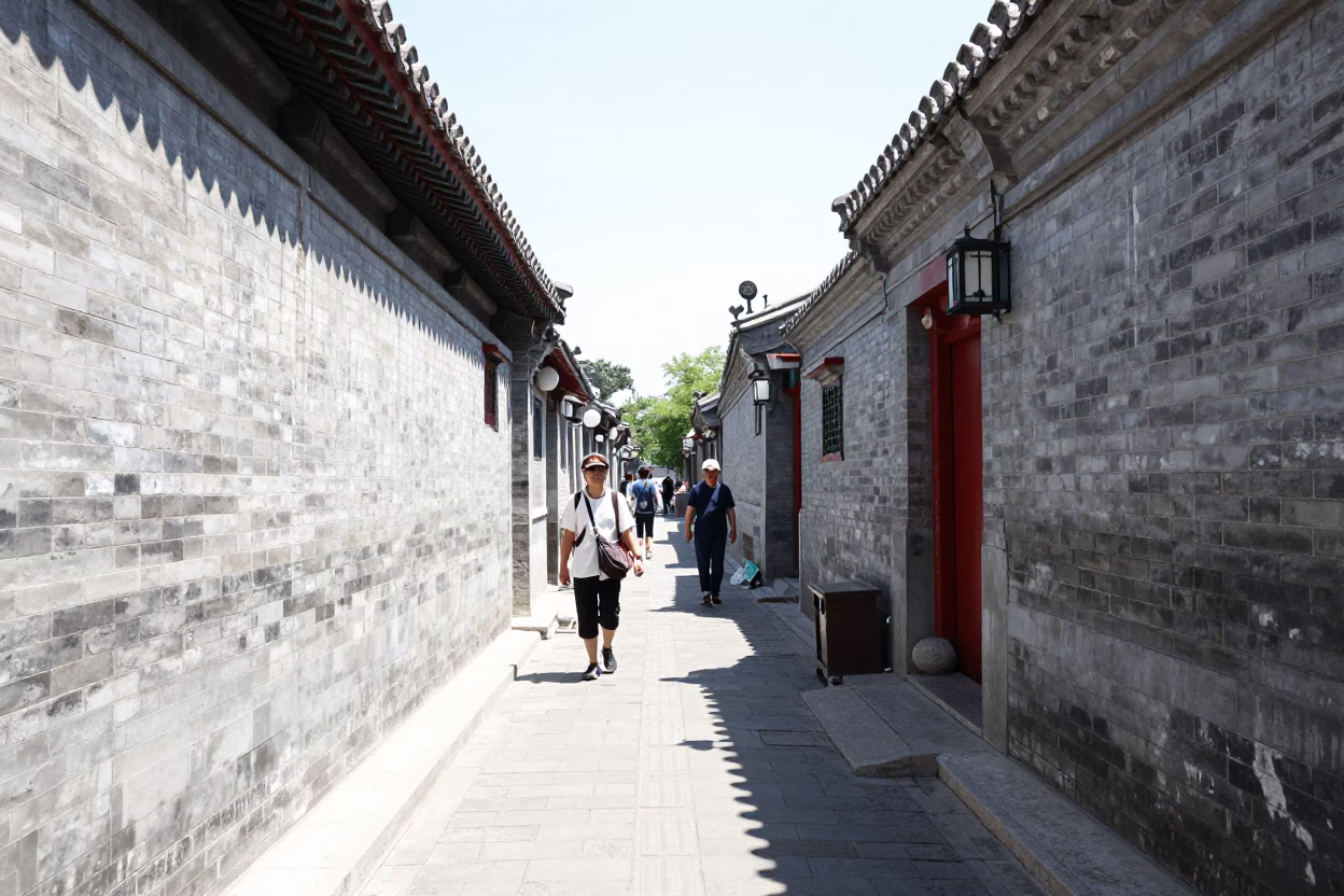 Beijing Hutong Alleyway Under Noon Sun With Local Life and Urban Details in in Beijing, China