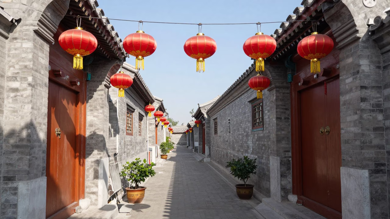 Beijing Hutong Alleyway with Hanging Paper Lanterns and Potted Persimmons at Midday in in Beijing, China