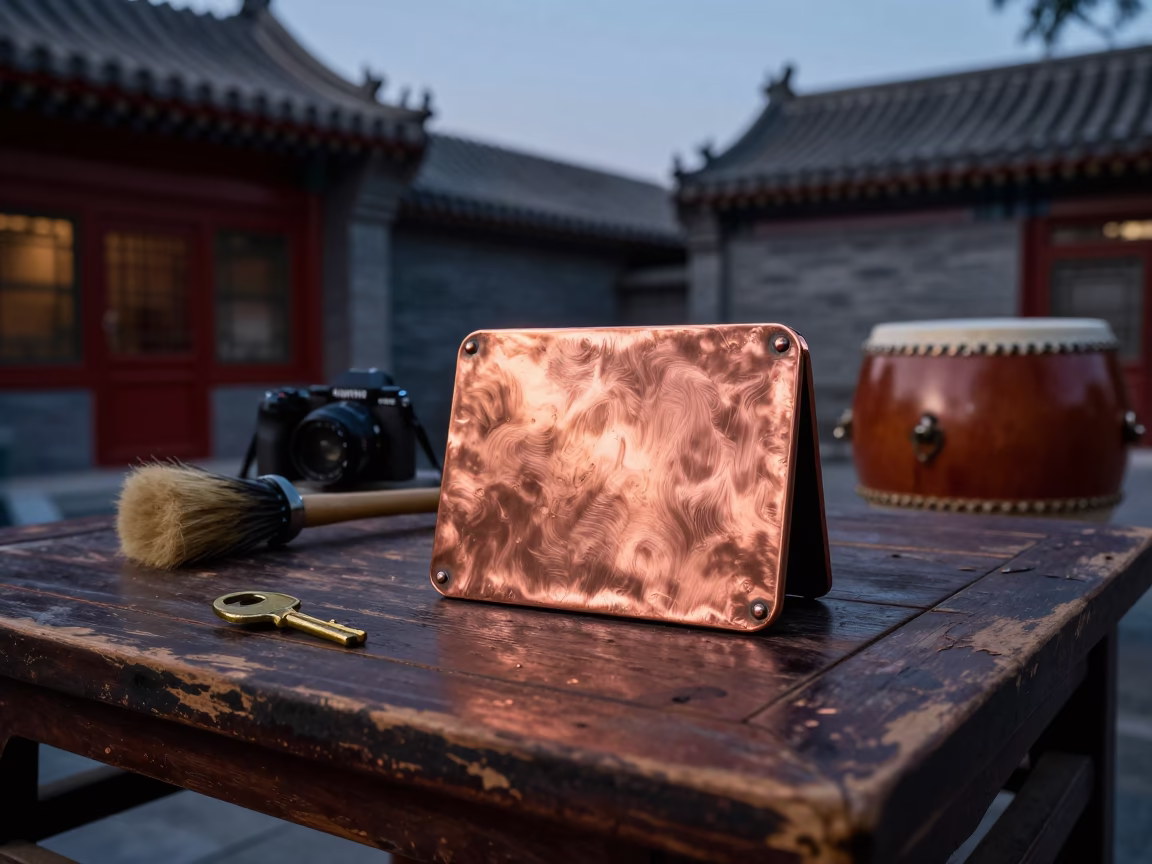 Beijing Hutong Courtyard Dusk Key Blank and Drum Brush on Wooden Table in in Beijing, China
