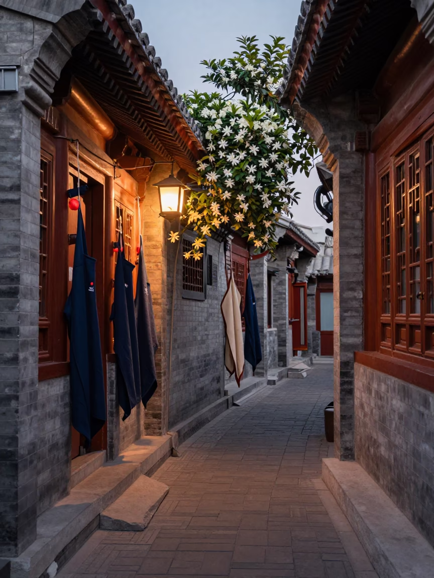 Beijing Hutong Courtyard Evening with Hanging Aprons and Gardenia Bush in Copper Light in in Beijing, China