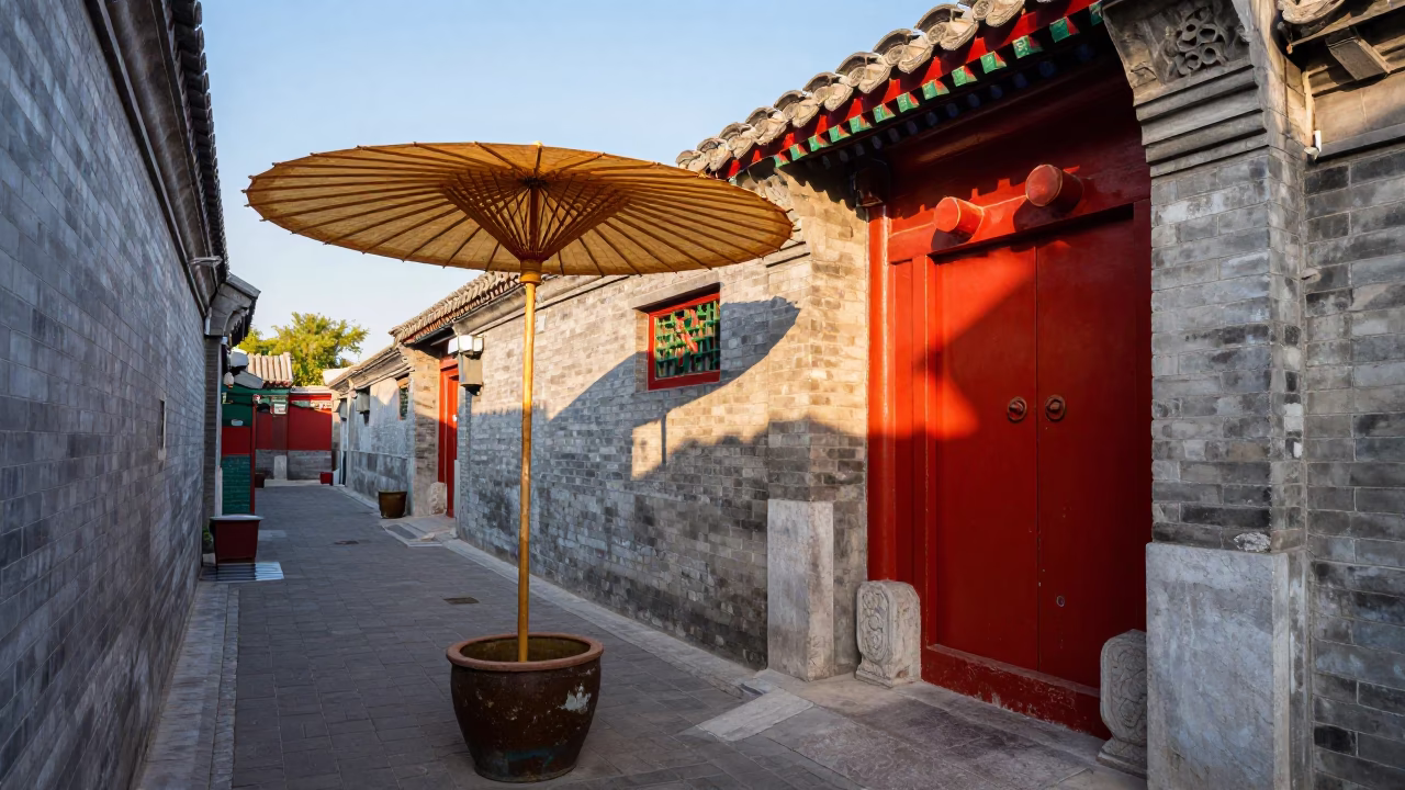 Beijing Hutong Courtyard Late Afternoon Life with Bamboo Parasol and Terracotta Pot in in Beijing, China