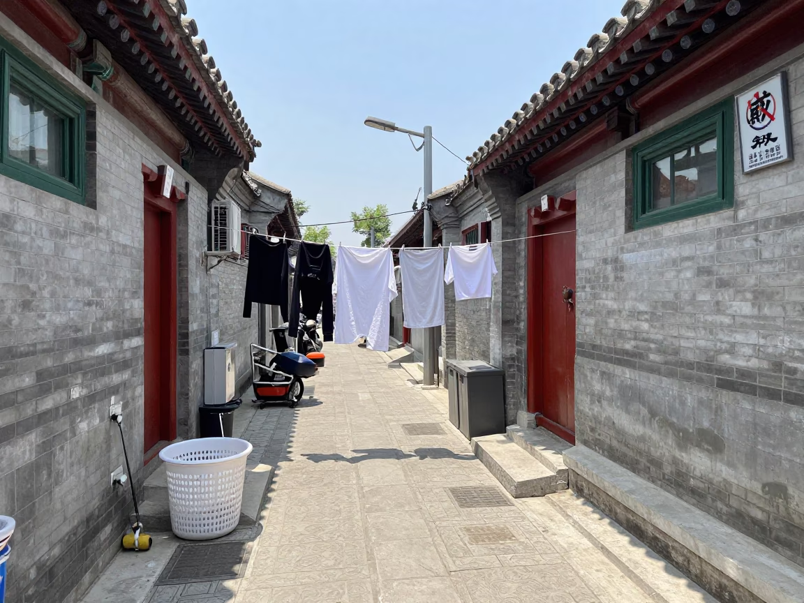 Beijing Hutong Courtyard Laundry Drying Under Flat Noon Light in in Beijing, China