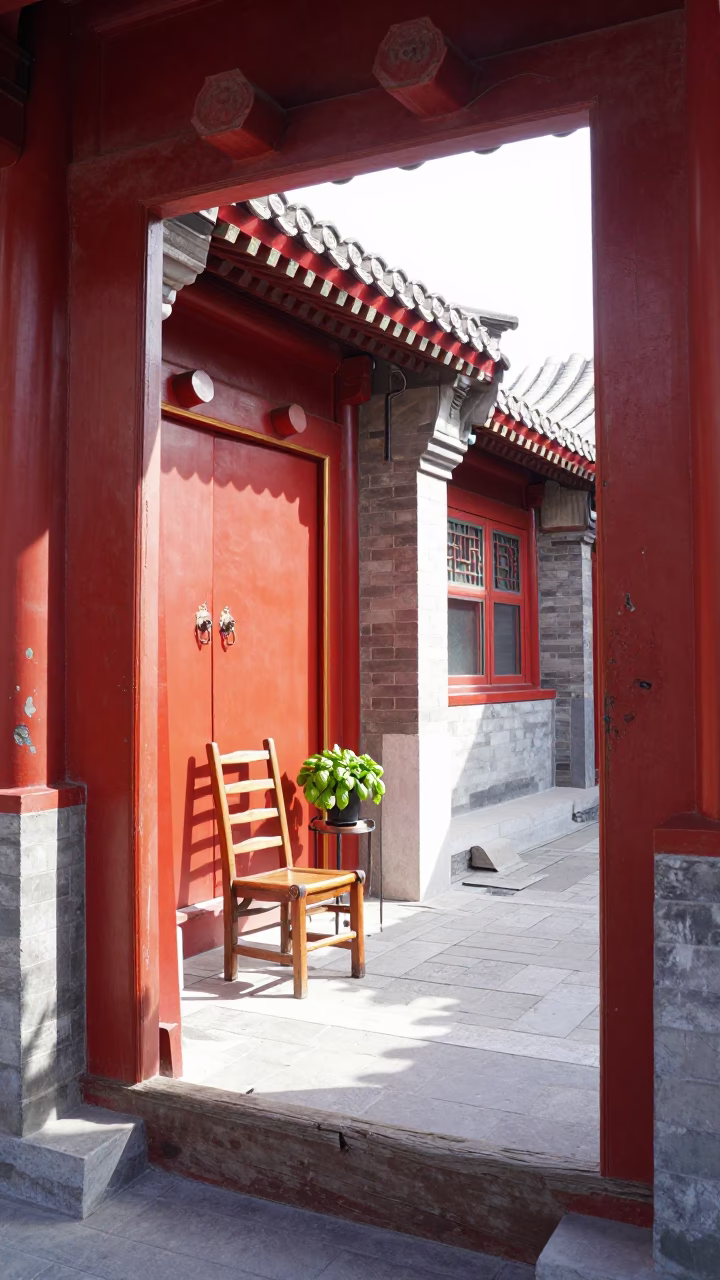 Beijing Hutong Courtyard Morning with Ladder-Back Chair and Basil Pot in in Beijing, China