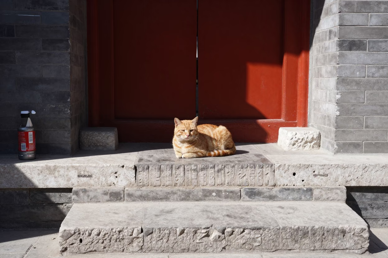 Beijing Hutong Courtyard Noon Scene with Ginger Cat and Stoneware Crocks in in Beijing, China