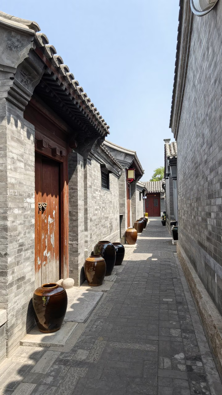 Beijing Hutong Courtyard Stoneware Crocks in Bright Midmorning Sunlight in in Beijing, China