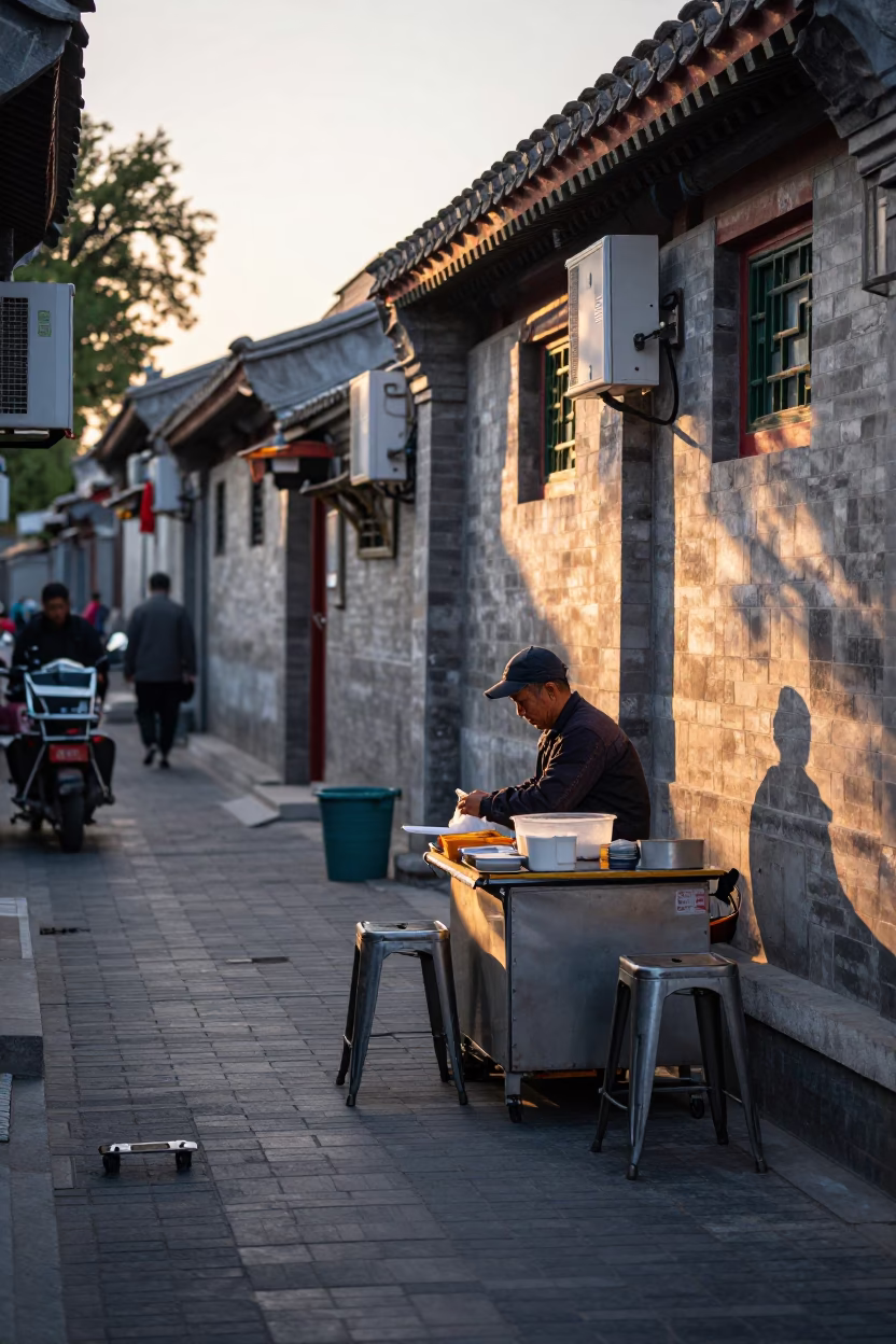 Beijing Hutong Dawn Street Food Vendor Metal Stools and Morning Routine in in Beijing, China