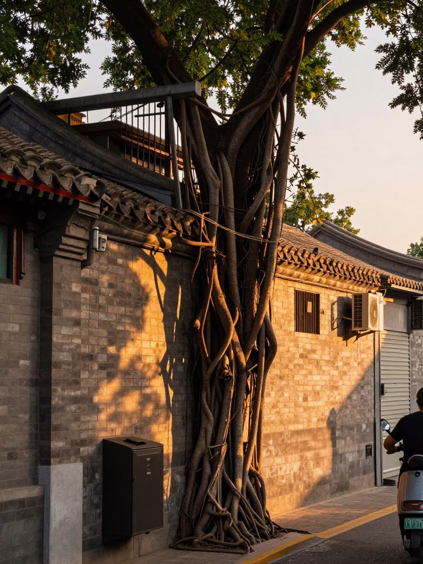 Beijing Hutong Evening Life with Strangler Fig and Metal Bucket in Honeyed Light in in Beijing, China