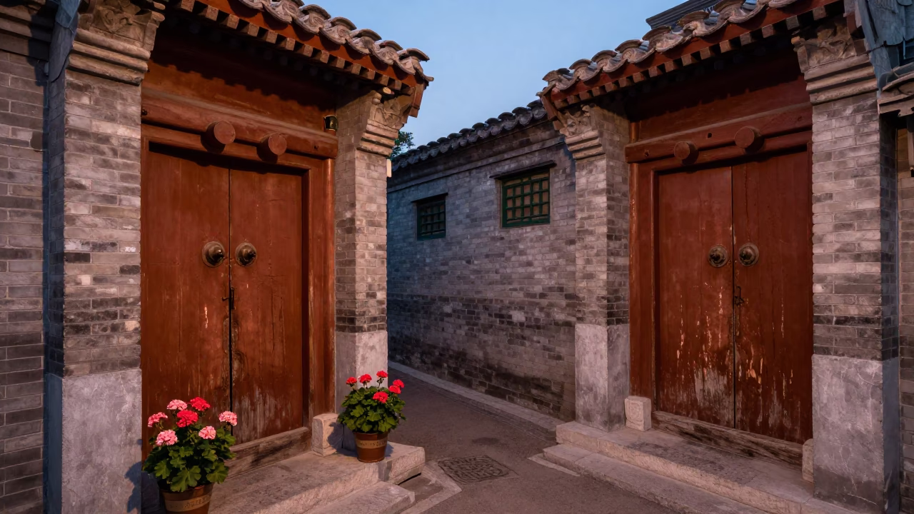 Beijing Hutong Evening Light with Potted Geraniums and Vintage SUV in in Beijing, China