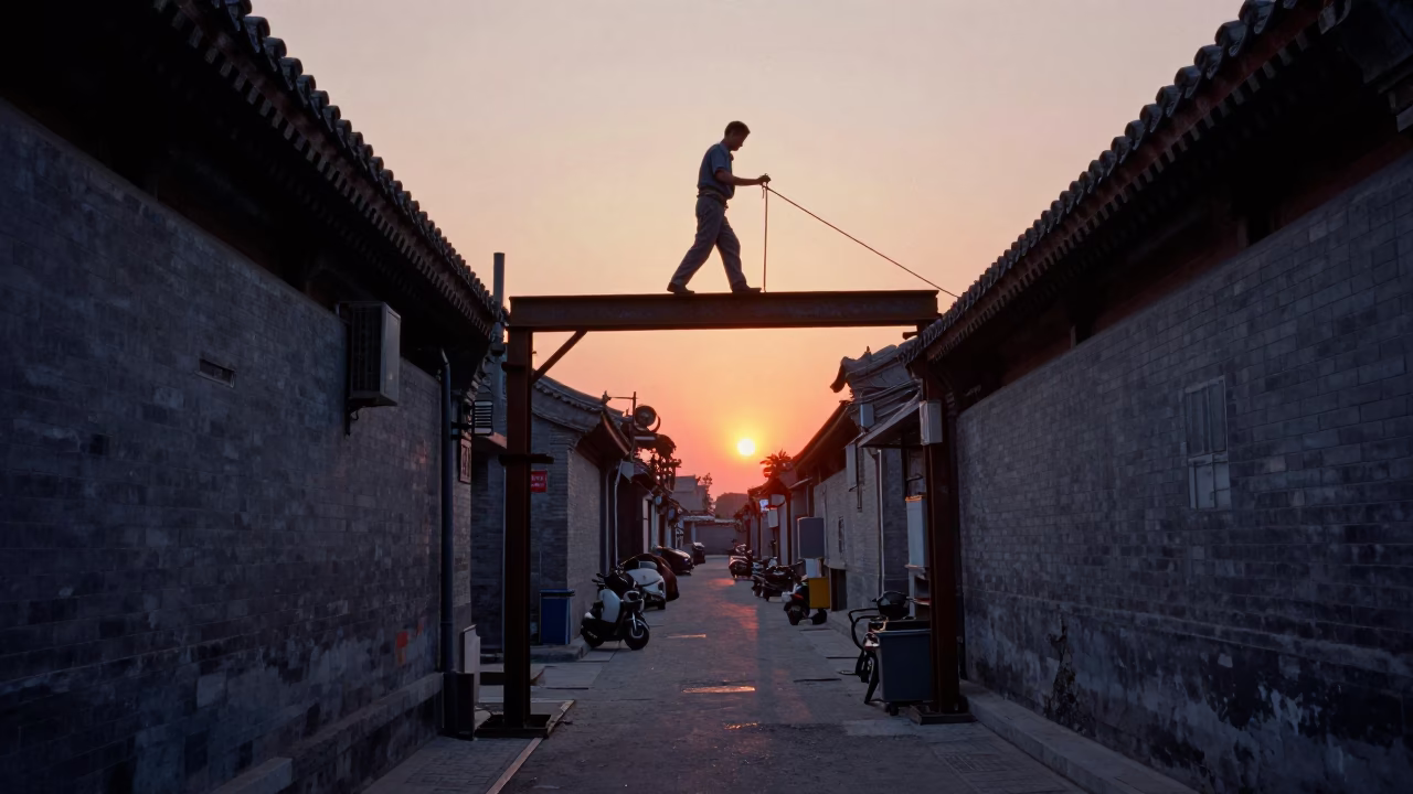 Beijing Hutong Evening Scene with Construction Worker on Steel Beam at Sunset in in Beijing, China