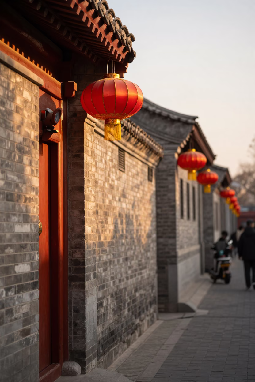 Beijing hutong evening scene with paper lanterns and street life in in Beijing, China