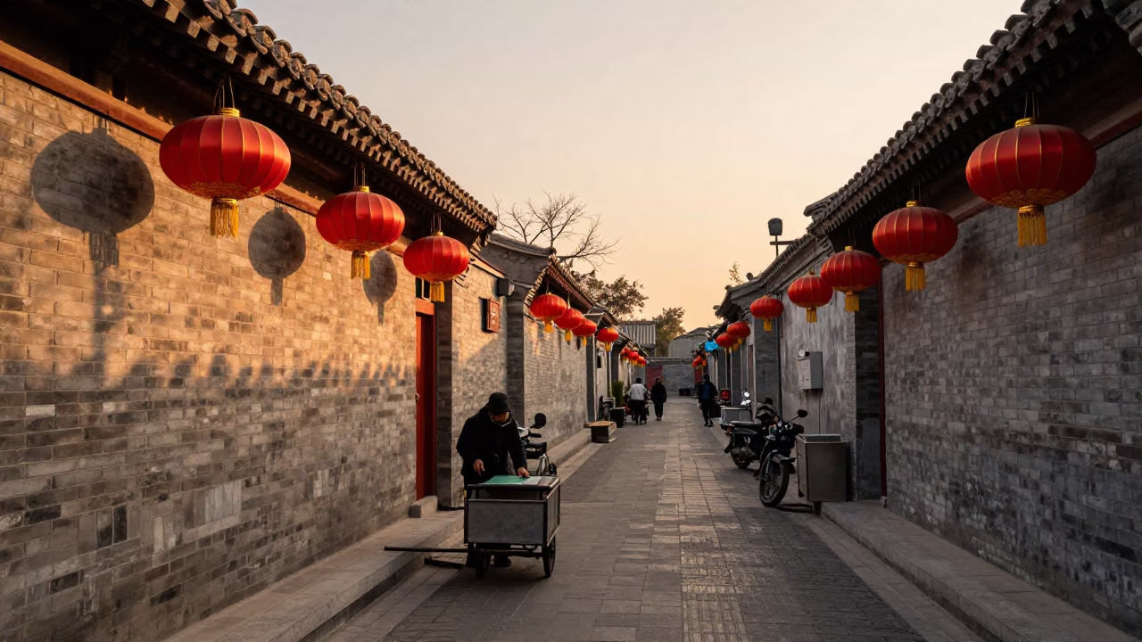 Beijing Hutong Evening Scene with Red Lanterns and Street Food Vendor in in Beijing, China