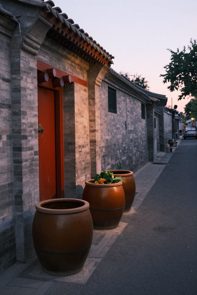 Beijing hutong evening scene with stoneware crocks and fresh bread in honeyed light in in Beijing, China