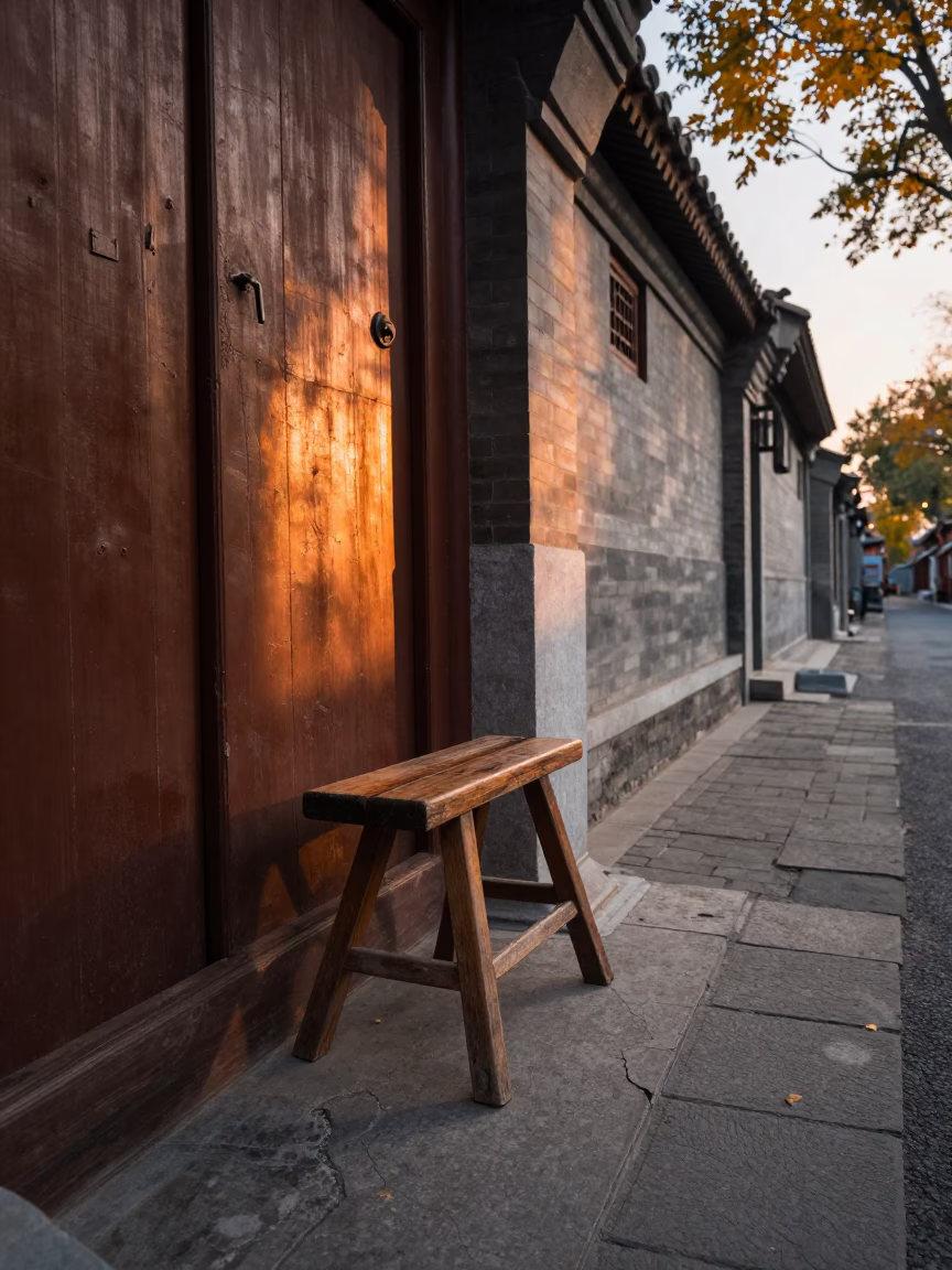 Beijing Hutong Evening Scene with Stool and Doorframe in Honeyed Light in in Beijing, China
