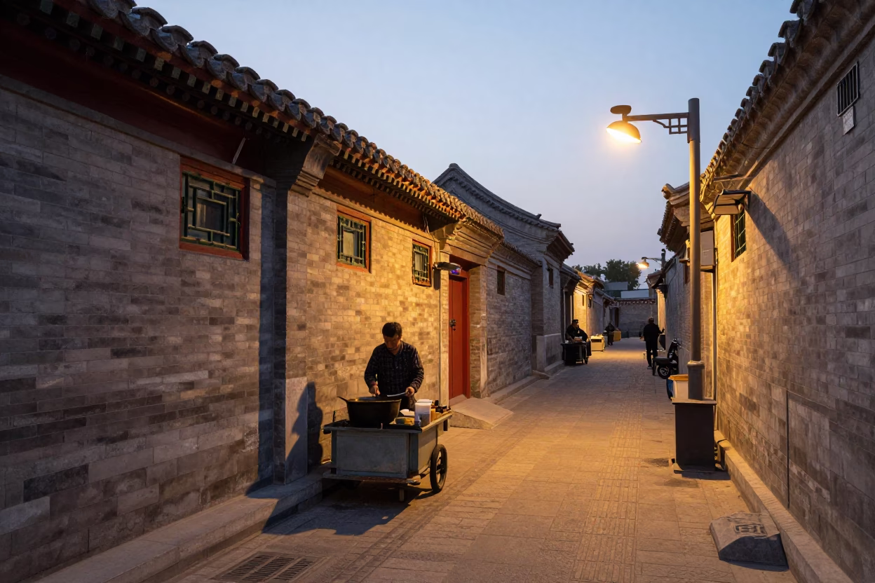Beijing Hutong Evening Street Life with Cooking Pot and Condensation in in Beijing, China