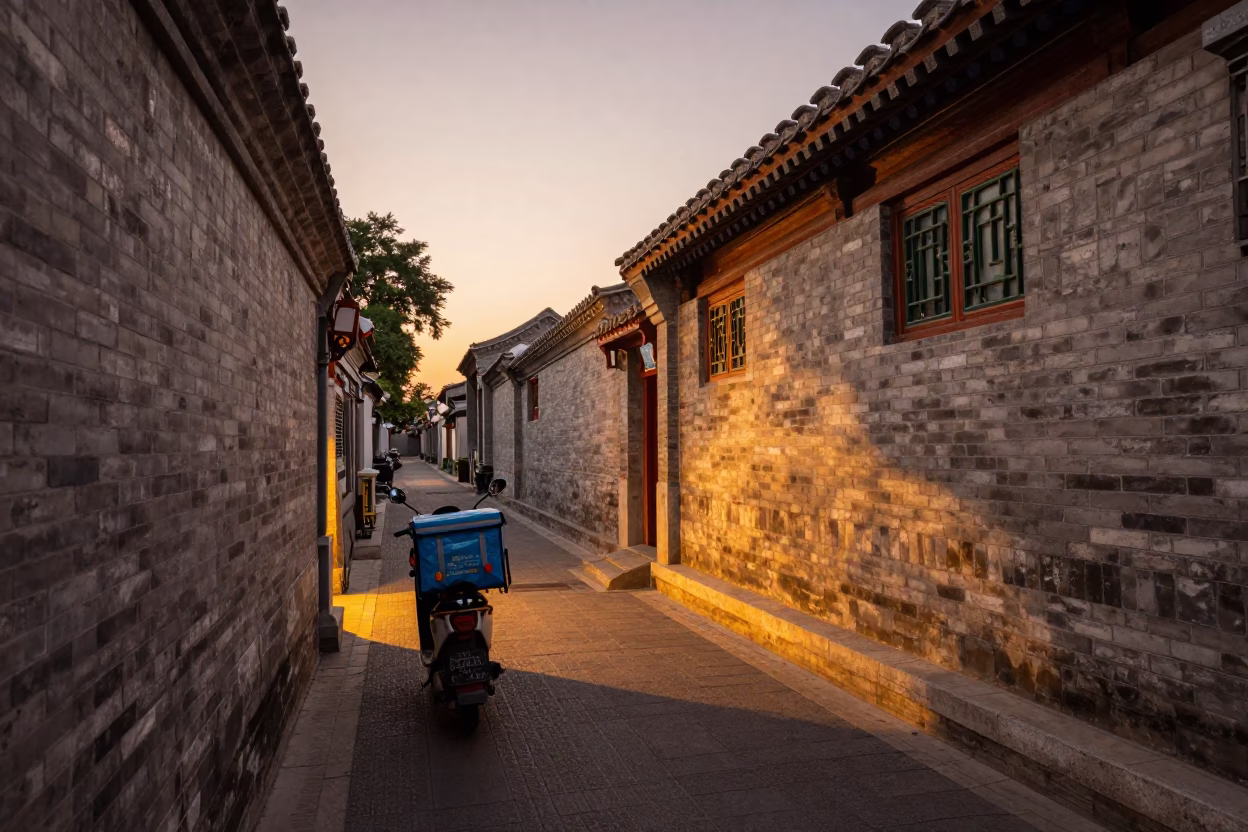 Beijing Hutong Evening Street Scene with Electric Scooter and Traditional Architecture in in Beijing, China