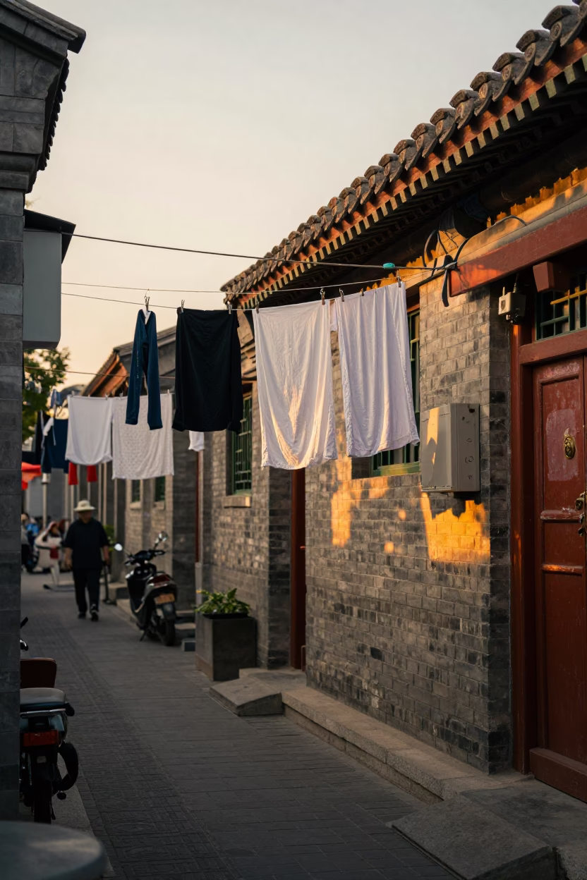 Beijing Hutong Evening Street Scene with Hanging Laundry and Traditional Architecture in in Beijing, China