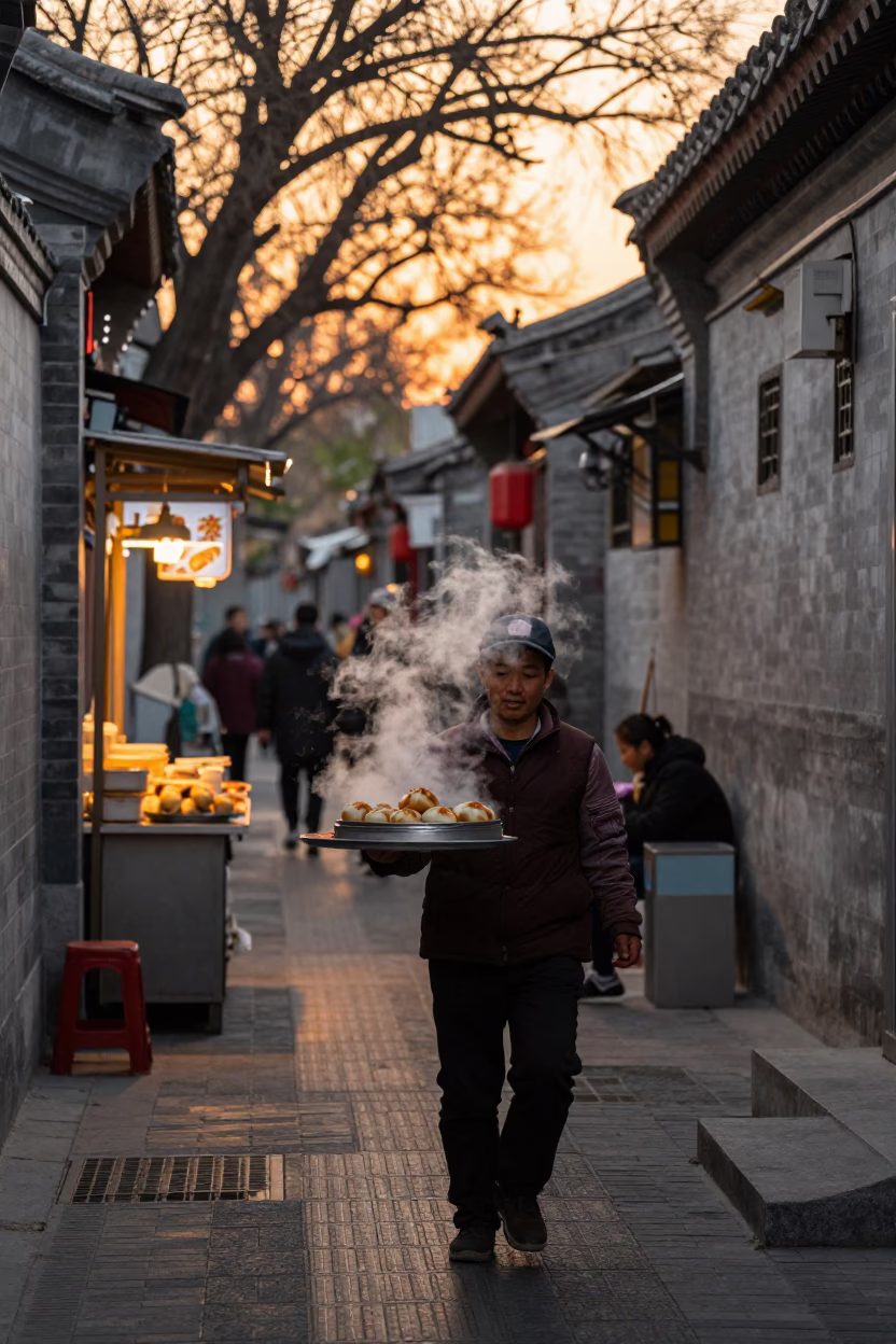 Beijing Hutong Evening Street Scene with Traditional Food and Daily Life in Honeyed Light in in Beijing, China