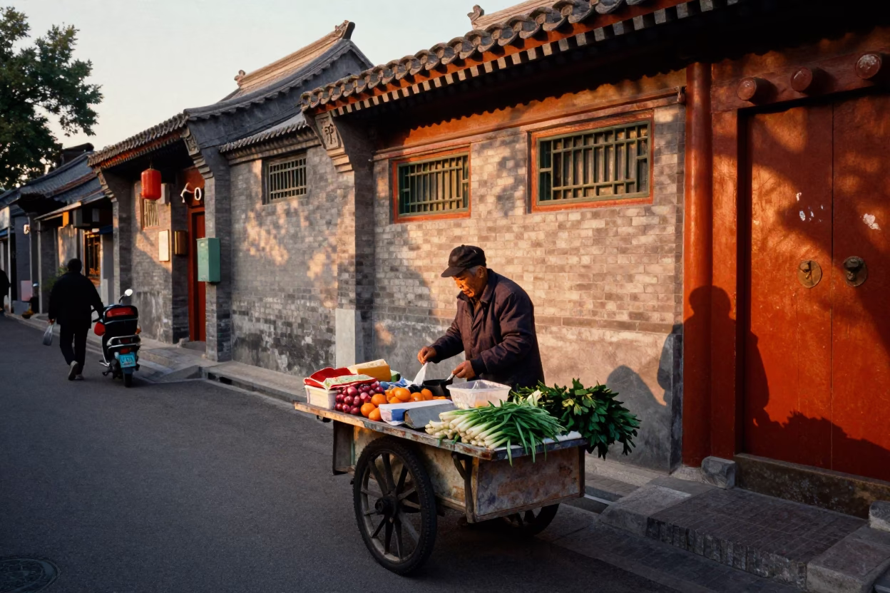 Beijing Hutong Evening Street Scene with Vendor and Traditional Architecture in in Beijing, China