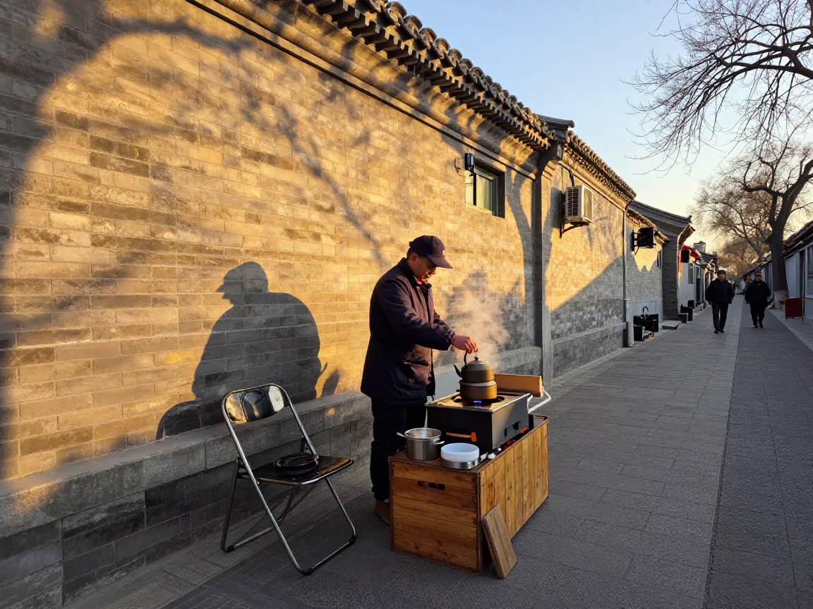 Beijing Hutong Golden Hour Street Vendor with Folding Chair and Kettle in in Beijing, China