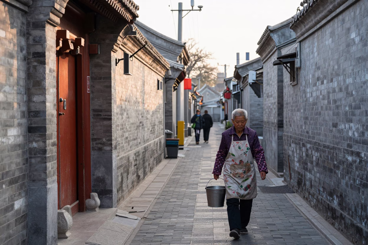 Beijing Hutong Morning Commute with Metal Bucket and Apron at Dawn in in Beijing, China