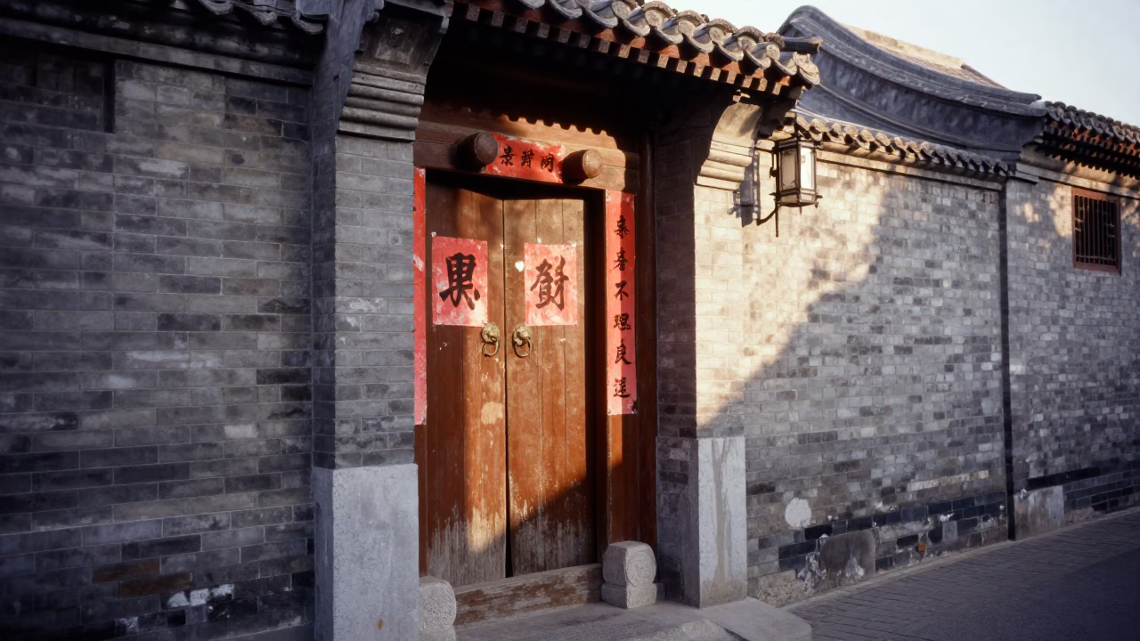 Beijing Hutong Morning First Light Alleyway Scene with Traditional Life in in Beijing, China