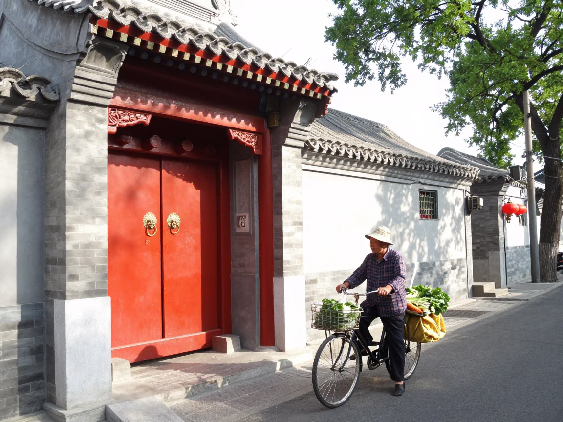 Beijing Hutong Morning Life with Traditional Gate and Street Vendors in in Beijing, China