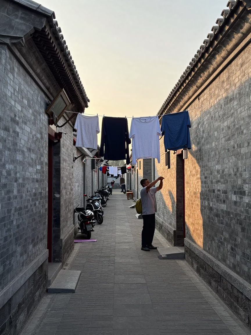 Beijing Hutong Morning Light and Traditional Daily Life Scene in in Beijing, China