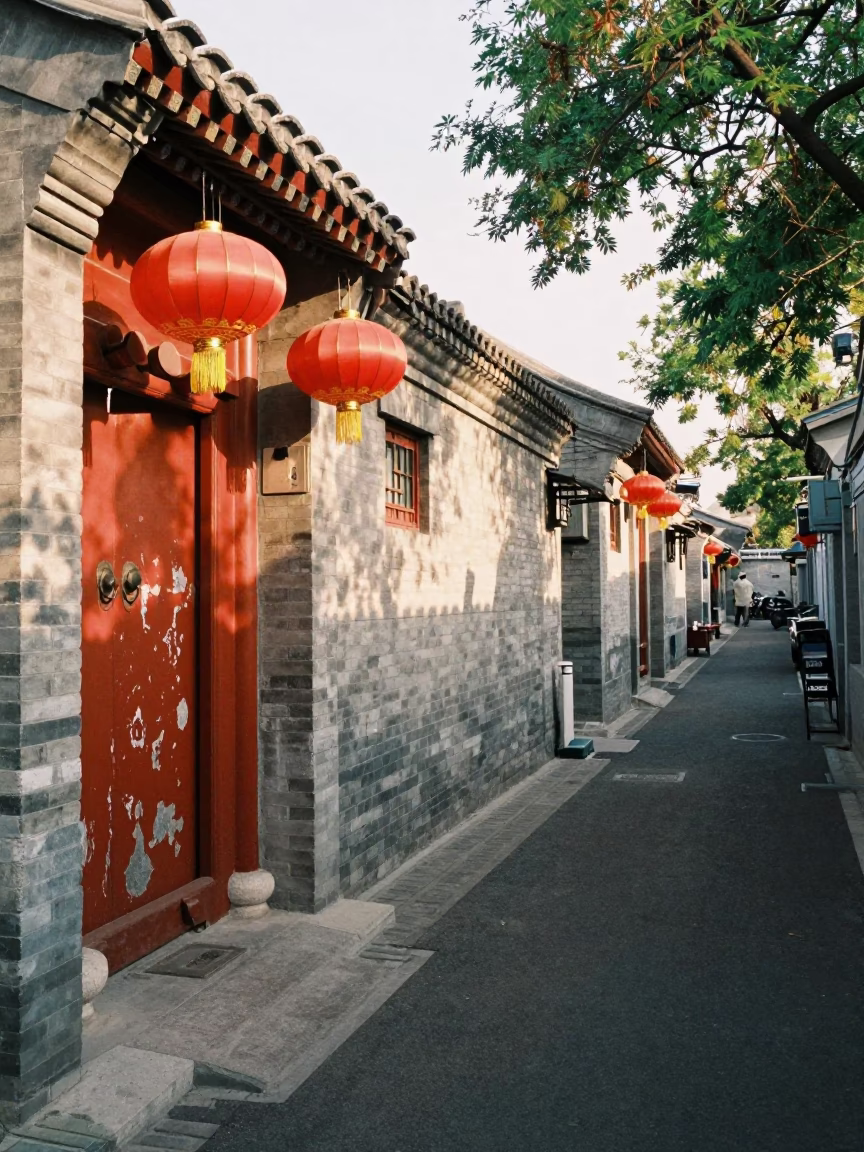 Beijing Hutong Morning Scene with Lantern and Dappled Shadows in in Beijing, China