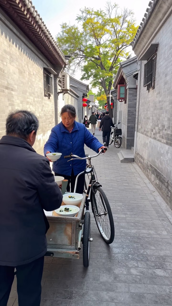 Beijing Hutong Morning Street Scene with Bicycle and Local Breakfast Stall in in Beijing, China