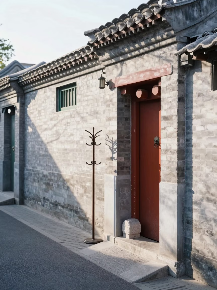 Beijing Hutong Morning Street Scene with Coat Stand and Local Daily Life in in Beijing, China
