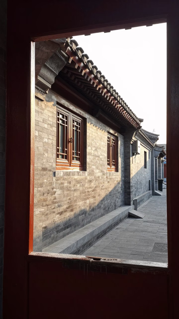 Beijing Hutong Morning with Wooden Doorframe Condensation and Vintage Jar Detail in in Beijing, China