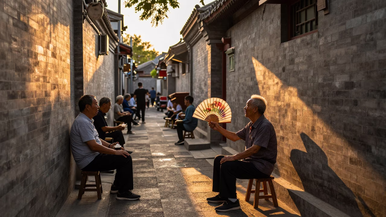 Beijing Hutong Residents Sharing Folding Fans And Tea at Golden Hour in in Beijing, China
