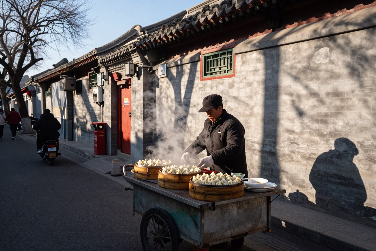 Beijing Hutong Street Life with Traditional Dumplings and City Skyline in in Beijing, China