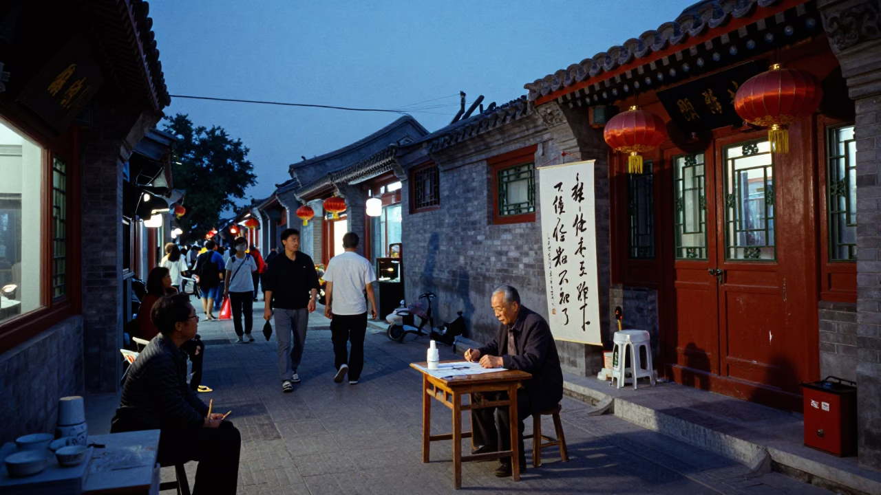 Beijing Hutong Street Scene at Blue Hour with Traditional Calligraphy Demonstration in in Beijing, China
