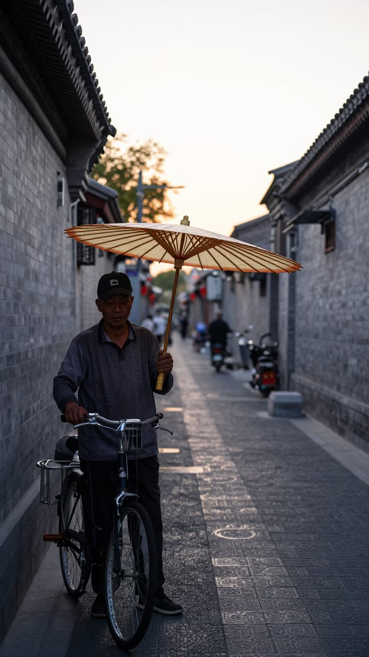 Beijing Hutong Street Scene at Dawn with Traditional Parasol and Vintage Bicycle in in Beijing, China
